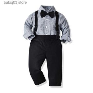 Completi di abbigliamento 2023 Nuovi bambini indossano due pezzi per bambini con colletto a polo manica lunga camicia di cotone jacquard pantaloni con cinturino T230720