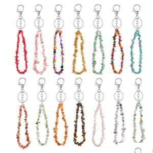 Key Rings Irregar Natural Stone Chip Beads Nets Fluorite Amethyst Rose Crystal Quartz Keychain Bag Car Hanging Charms Drop De Dhgarden Dh8R4