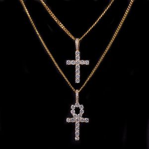 Iced Zircon Ankh Cross Halsband smycken Set Gold Silver Copper Material Bling CZ Key to Life Egypt Pendants Necklace306Z
