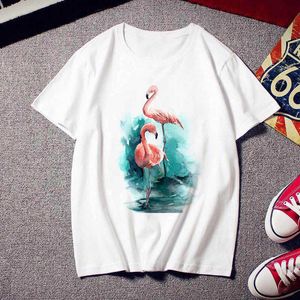 Neues Sommer-T-Shirt für Herren und Damen, Rundhalsausschnitt, lockeres Flamingo-Muster, weißes Kurzarm-T-Shirt-Oberteil
