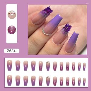 False Nails Mid Length Purple Ballet Nail Glitter Fragments Powder Gentle Zircon Shiny Rhinestone Finished Fake Easy To Wear Glue