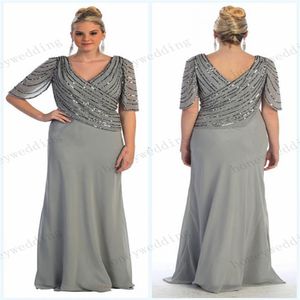 2019 Spring New Arrival Plus Size Beading Chiffon Mother Of The Bride Dresses V-Neckline Half Sleeve Sheath Floor Length Mother Dr298f