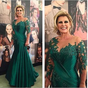 Elegant mörkgrön 2020 brudklänningar 3 4 långa ärmar Applique Lace Drape Mermaid Formal Prom Evening Gowns Plus SI219V