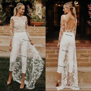 lace floral beach bridal jumpsuit with train 2021 long sleeve backless bohemian summer holiday wedding dress with pant suit258a