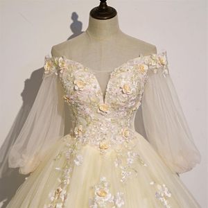 light yellow flower embroidery ball gown queen gown medieval dress Renaissance gown royal Victorian dress princess cosplay Ball254l