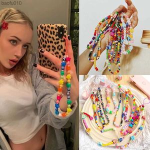 Rainbow Mobile Phone Strap Simple Bracelet Beadmade Bead Chain Charm Anti-Lost Lanyard Diy Hang Rock Lanyard Jewelry Accessory L230619