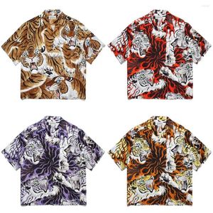 Herren-T-Shirts WACKO MARIA 23SS Tiger TIM LEHI Flame AOP Hawaii-Kurzarmhemd mit kubanischem Kragen