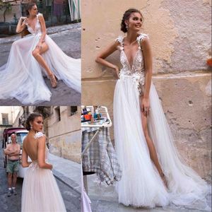 Berta Bohemian Backless Wedding Dresses Appliqued A Line Deep V Neck Split Side Lace Bridal Gowns Tulle Vestido De Novia242U