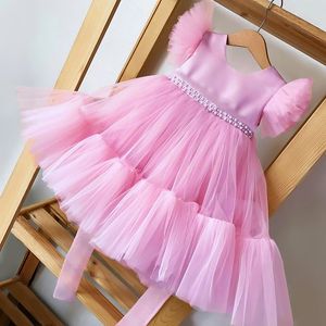 Pink Kid Girl Wedding Dress Baby Pageant Girl Party Princess Birthday Dress Barn Kläd Bow Lace Gown Elegant Vestidos