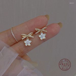 Stud Earrings Bowknot Oil Dripping Pearl Flower For Women 925 Sterling Silver Exquisite Wedding Bridesmaid Jewelry