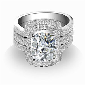 Gorgeous Cushion Cut Rings Set 925 Sterling Silver Rings White Gold Color 2CT Synthetic Diamonds Rings Set Women Wedding Bands294Q