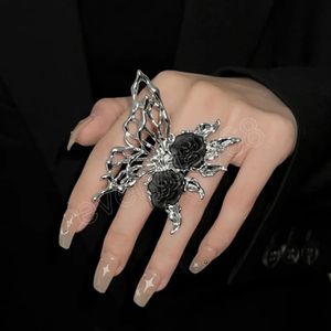 Gothic Style Butterfly Ring Vintage Black Rose Flowers Ring For Women Girls Adjustable Opening Ring Party Jewelry Gifts