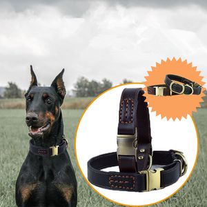 Hundhalsar Leases Cowhide äkta läder Pet Dog Collar Högkvalitativ toppklass Pet Training krage Tungt justerbart medium till stor hundkrage 230719