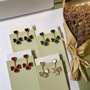 Brand Fashion Party Jewelry For Women Gold Color Red Heart Rings Earrings Jewelry Set 4 Leaf Heart Flower Jewelry Set278M