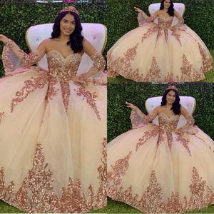 2022 Sexy Rose Gold Sequined Lace Quinceanera Dresses Ball Gown Off Shoulder Crystal Beads Long Sleeves Sequins Puffy Party Dress 275Z