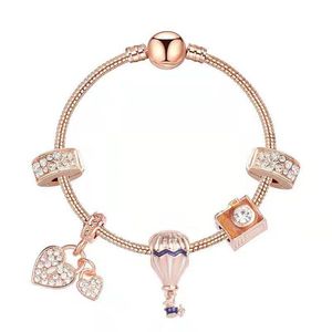 Bracciale con ciondoli in oro rosa con ciondolo a forma di palloncino di fuoco con ciondolo a forma di cuore con bordo diamantato, perline di vetro per telescopio aereo, adatto per D223W