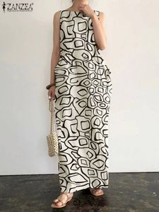 Grundläggande avslappnade klänningar kvinnor Bohemian tryckt maxi klänning zanzea elegant ärmlös mantel longue sommarstrandficka långa klänningar casual tank kaftan 230719