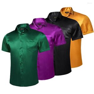 Мужские повседневные рубашки атласные с коротким рукавом гладкий для мужчин Лето-красный белый черный гавайский гавайский блуз