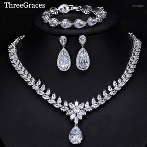 Серьги для ожерелья устанавливают три графы 3 куска роскошные CZ Long Water Drop Свадебный браслет для невест вечерние вечеринка T0924