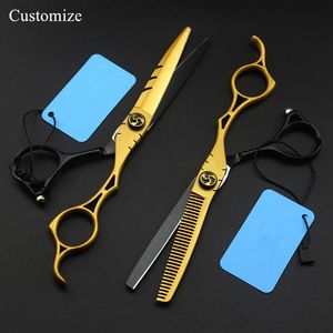Hair Scissors Customize Japan 440c 6 Inch Gold Hollow Salon Cutting Barber Makas Scissor Thinning Shears Hairdressing232m