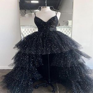 Glitter Black Hi Low Prom Evening Sukienki z paskami spaghetti warstwowe tiulowe tiulowe cekinowe krótkie z przodu przyjęcie koktajlowe Pagean219U