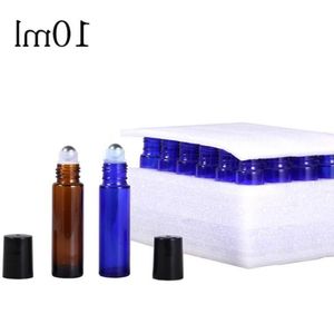 Partihandel glasrulle på flaskor 10 ml bärnsten blå rull eterisk oljebehållare med SS -kulpackning med 24 st/box ultjl