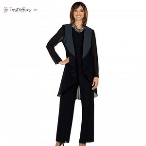 Cheap Mother of the Bride Pants Suit with Jacket 2020 Fall Long Sleeve Three Pieces Ankle Length Black Chiffon Wedding Guest Party2576