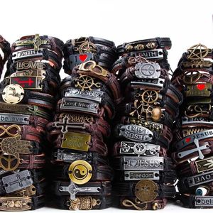 Whole Leather Bracelet Charm Party Gifts Punk Biker Jesus Skull Vintage Bangle Wristbands Mens Womens Surfer Cuff Wristband lo240m