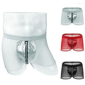 Men's Shorts Sexy Underwear Transparent Mesh Boxers With Zipper PU Male Panties Fetish Stripper Erotic Lingerie Open Underpants