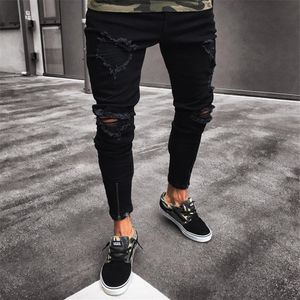 Mens cool designer märke svarta jeans mager rippade förstörda stretch smala fit hopphoppbyxor med hål för män2542