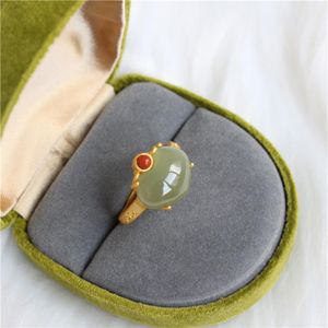 Man Time S925 Pure Silver Gold Plated Peach Heart Natural and Green Jade Ring K3Y4253N