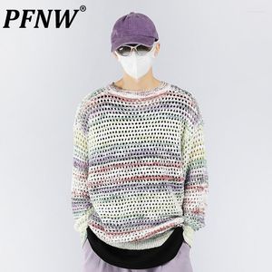 Maglioni da uomo PFNW Primavera Autunno Gradiente colorato Felpa lavorata a maglia allentata Scava fuori Moda High Street Nicchia Pullover casual 28A3229