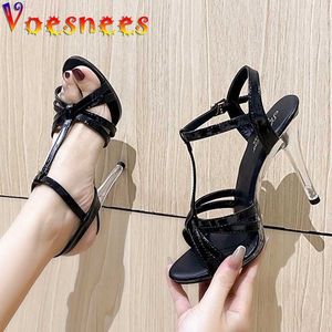 Sandals Women's Pumps New Summer Hollow Out T-Belt Sandals Woman Fashion Buckle Strap 11CM Sexy High Heels Model Catwalk Show Shoes 2022 L230720