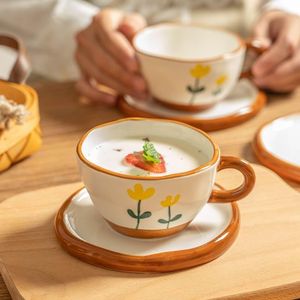 Mugs Cute Handmade Irregular Ceramic Camellia Coffee Cup With Saucer Creative Hand Painted Flower Tea Set Home Office Tableware