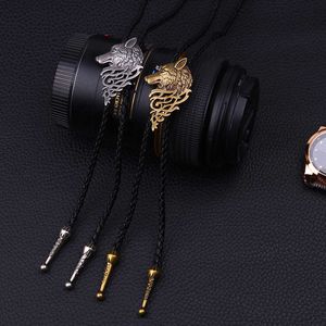 Bolo Ties Personality Tie Golden Wolf Head Pendant Bowtie Necklace Cowhide Chain Men Bolo Tie Steampunk Accessories Sweater Chain Necktie HKD230719