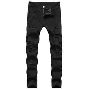 Svarta jeans män ny elasticitet hål design mäns jeans lång bomullsmode högkvalitativ märke stora storlek byxor droppfartyg292s