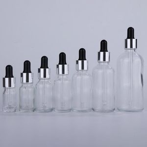 5-100 ml leere Klarglas-Tropfflaschen im Großhandel mit silberner Kappe, schwarzem Gummideckel für Augentropfer, Aromatherapie, dicke Essenzflaschen Sgkn