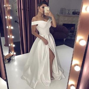 2019 Sexy V-Ausschnitt, langes weißes Abendkleid mit hohem Schlitz, elegante A-Linie, schulterfrei, formelle Abendkleider für Damen2526