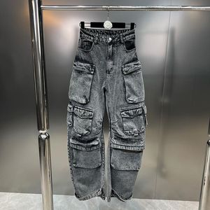 Jeans da donna personalizzati multitasche streetwear europeo trendy moda donna casual pantaloni in denim tinta unita semplici
