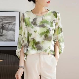 Bluzki damskie Mulberry Silk Shirt Letni ubrania Eleganckie swobodne luźne okrągłe bluzki dla kobiet w stylu Vintage Light and Cienka Bluzka