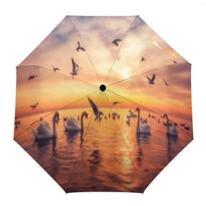 Paraplyer Swan Bird Lake Sunset helt-Automatic Rain Paraply for Women Man Foldbar Sun Printed Eight Strands