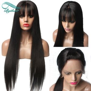 Perucas de cabelo humano retas com frente em renda com franja Perucas com frente em renda brasileira virgens com franja pré-arrancadas para mulheres negras com cabelo de bebê 258h