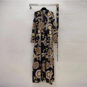 Повседневные платья барокко ретро -печать поло с высокой талией с длинным рукавом макси для женщин весна 2023 Корейская модная одежда Элегантные женщины