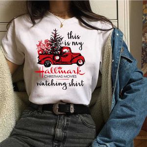 Autumn women's clothing large size women's casual short sleeved shirt top women's Christmas tree delivery car painting printing