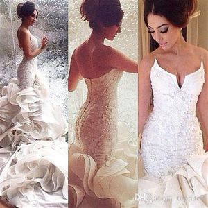 Newest Cathedral Train Sweetheart Mermaid beach wedding Dresses Beaded Lace Ruffles Backless Luxury Sparkly Trumpet Bridal Gowns C287e