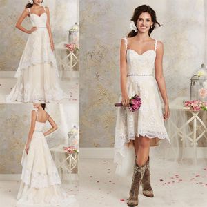 Vestidos de noiva country de renda com trem destacável alto baixo curto vestido de noiva comprimento até o chão várias camadas jardim boêmio Wedd209b