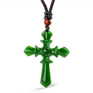 Certifierad 100% naturlig Hetian Afghan Jade Carved Cross Pendant Necklace Charm smycken smycken Amulet Lucky225V