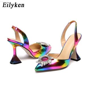 الصنادل Eilyken Rainbow Color Pumps Sandals Women Pointed Toe Sun Style Rhinestone High Cheels High Weeding Spike Heel Slingback Shoes L230720