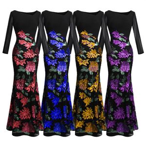 Angel-Fashions Women's Long Sleeve Rose Pattern Sequin Black Formal Dress Evening Dresses Party Prom Gown 3963389