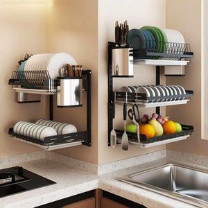 304 Rostfritt stål Kökskål Rackplatta Cutlary Cup Dish Drainer Tork Rack Wall Mount Kitchen Organizer Lagringshållare T2003257B